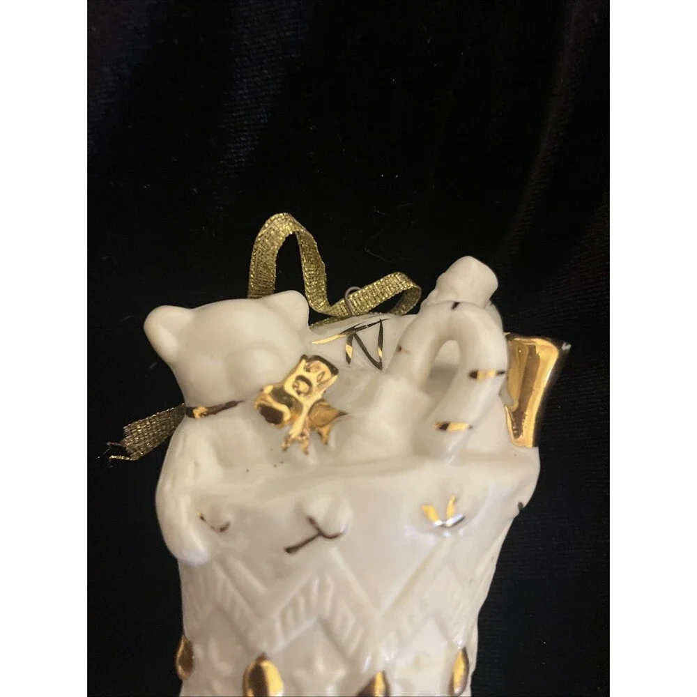 White And Gold Trim Christmas Ornament Porcelain Stocking And Toys Vintage